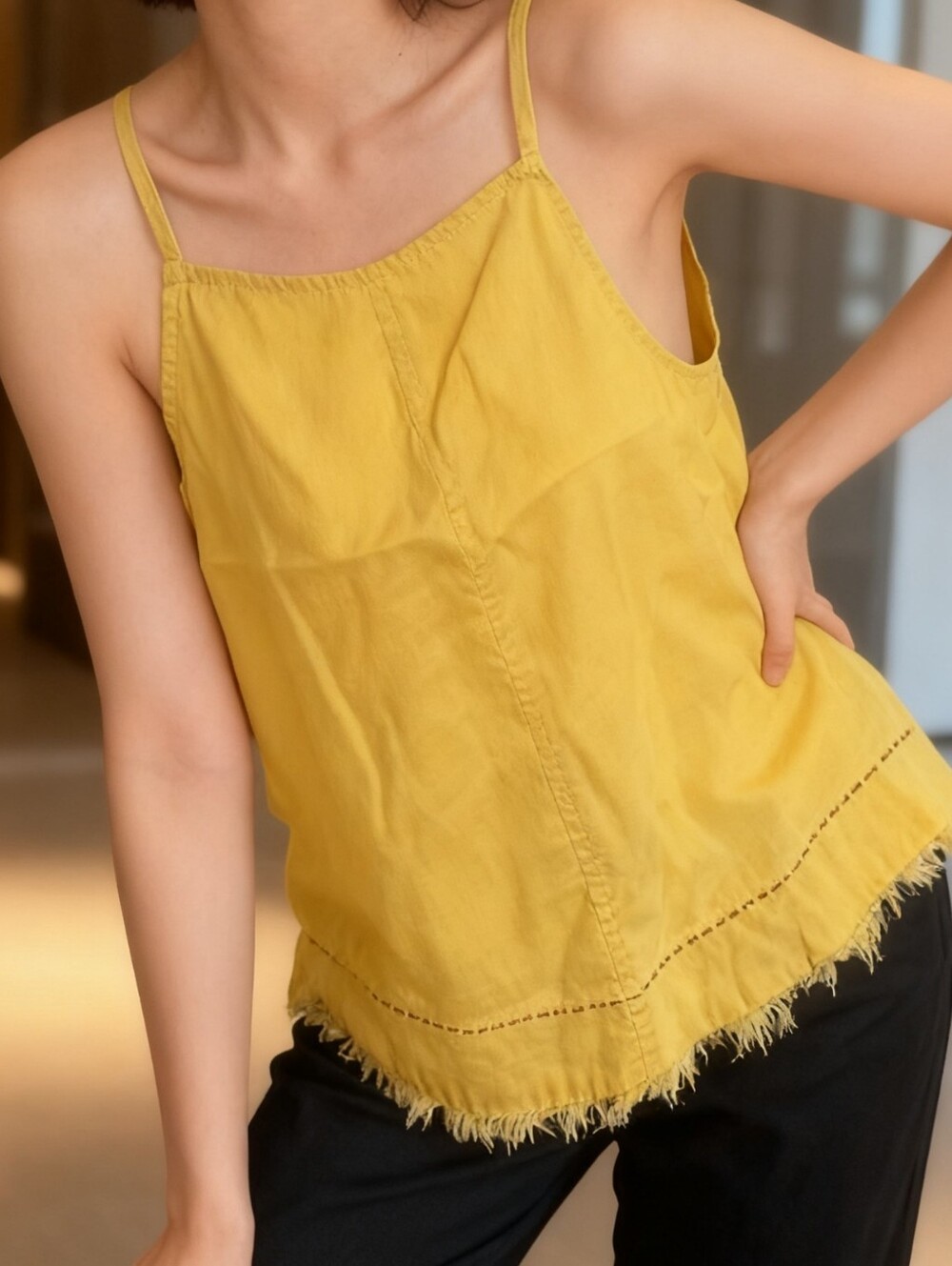 Melrose and Market Yellow Denim Tank Top with Frayed Hem
